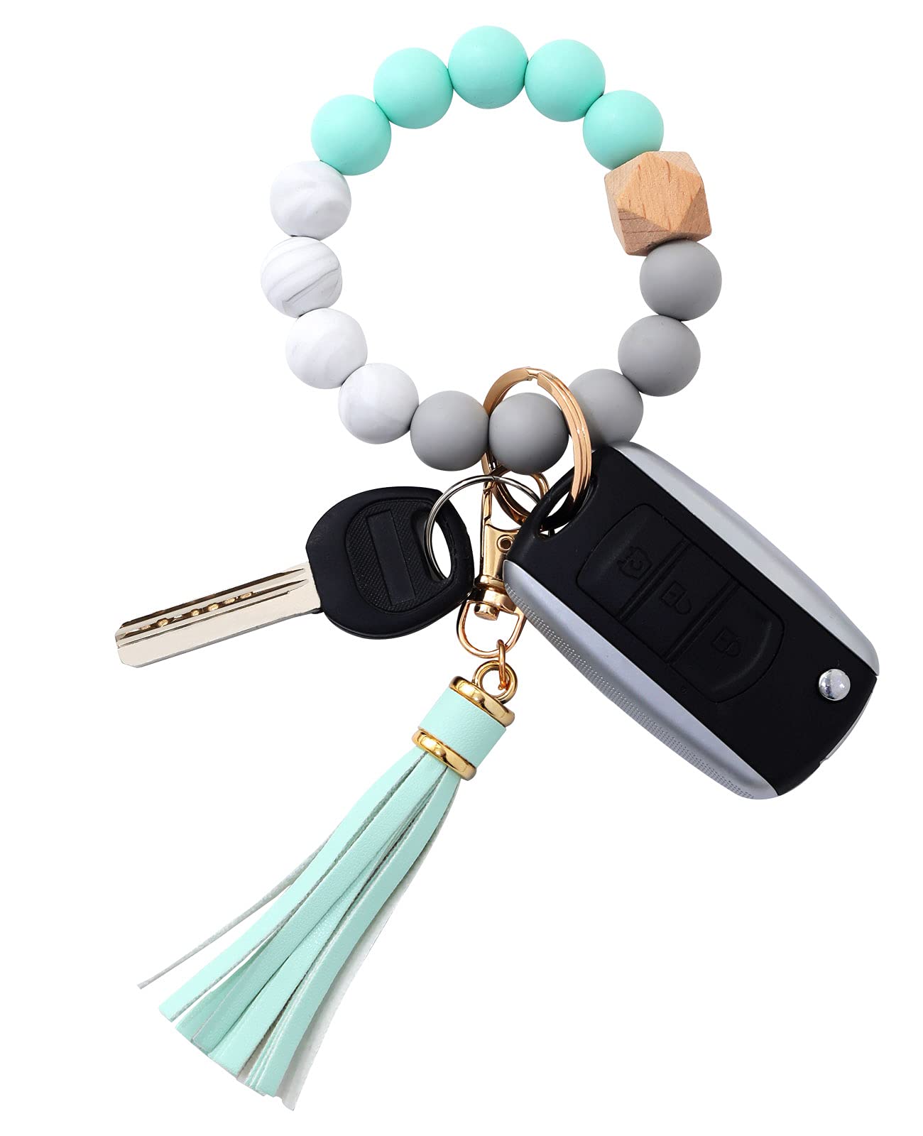 BAOSIWA Silicone Beaded Bracelet Keychain Wristlet Key Ring Bangle Chains for Women with Leather Tassel