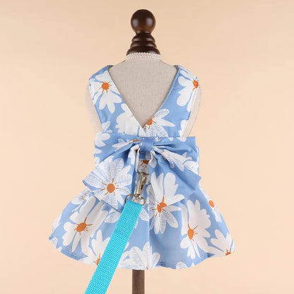 Dog Dress Bowknot Harness Leash Set for Small Girl Dogs Pink Floral Dog Cat Clothes Cute Puppy Outfits Pet Clothes Spring Summer Breathable Dresses(Samll)