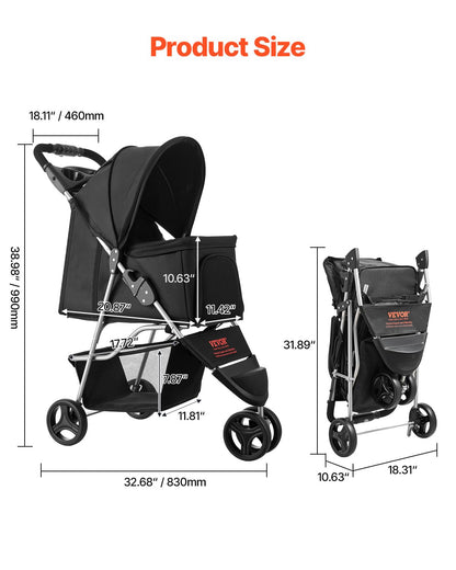 VEVOR Pet Stroller, 35 lbs Weight Capacity, Foldable Dog Stroller Cart, 4 Wheels Cats Strollers with with Detachable Carrier & Mesh Windows, Portable Design with Brake for Small to Medium Pets