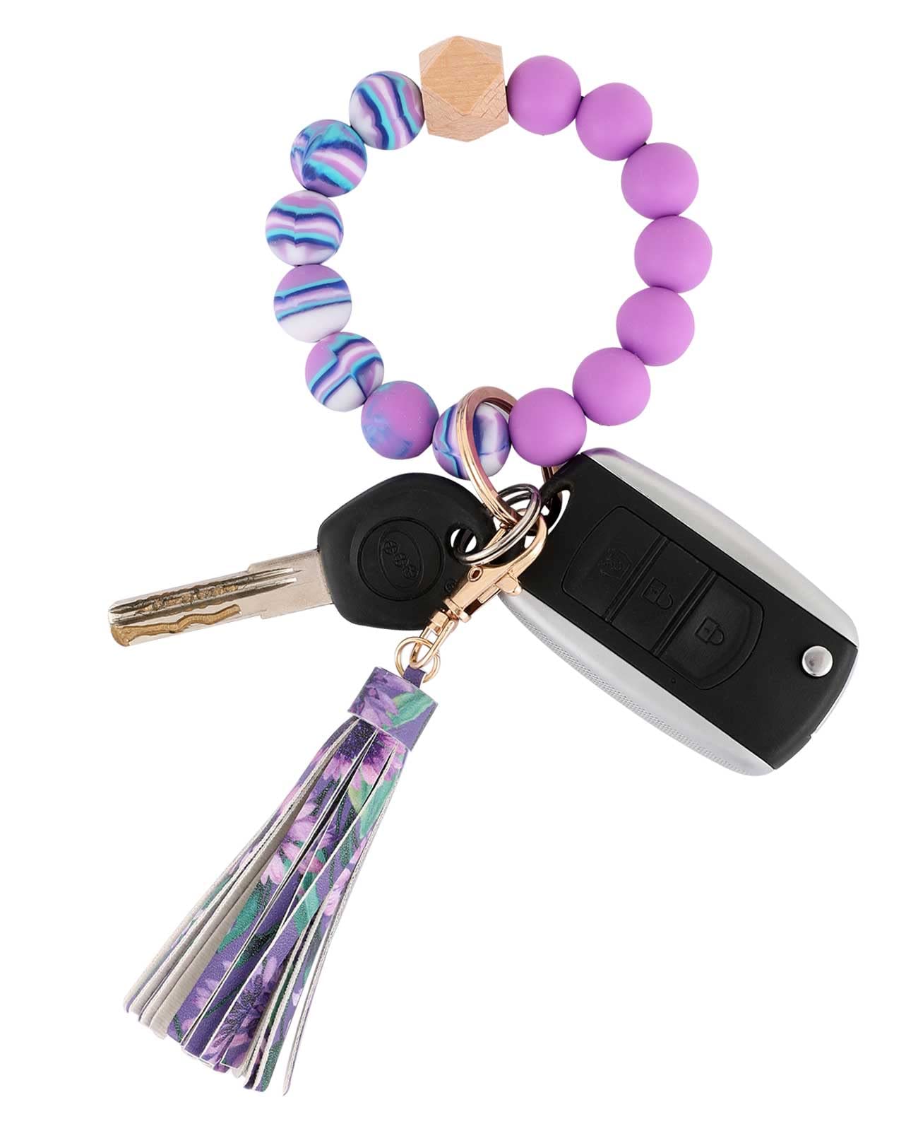 BAOSIWA Silicone Beaded Bracelet Keychain Wristlet Key Ring Bangle Chains for Women with Leather Tassel
