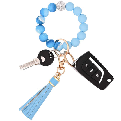 BAOSIWA Silicone Beaded Bracelet Keychain Wristlet Key Ring Bangle Chains for Women with Leather Tassel