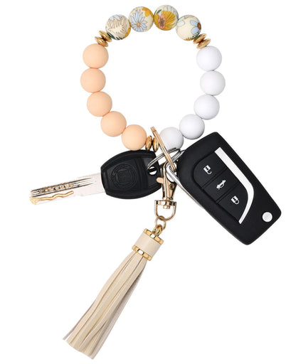BAOSIWA Silicone Beaded Bracelet Keychain Wristlet Key Ring Bangle Chains for Women with Leather Tassel