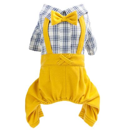 Pet Clothes Dog Shirts Classic Plaid Striped Overall Jumpsuit, Gentle Puppy Wedding Birthday Western Onesies Apparel, Fashion Daily Outfit with Bowtie for Dogs and Cats (Medium, Khaki)
