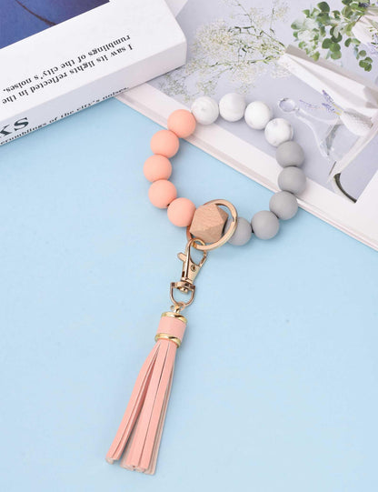 BAOSIWA Silicone Beaded Bracelet Keychain Wristlet Key Ring Bangle Chains for Women with Leather Tassel