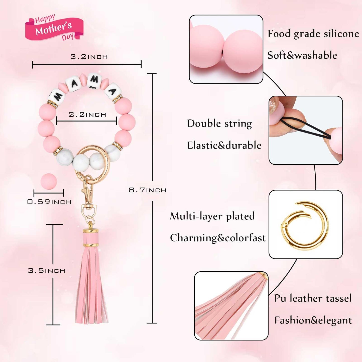 BAOSIWA Silicone Beaded Bracelet Keychain Wristlet Key Ring Bangle Chains for Women with Leather Tassel