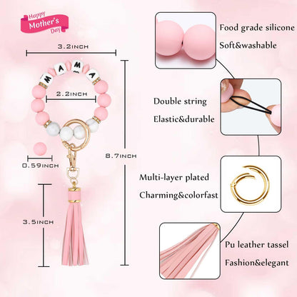 BAOSIWA Silicone Beaded Bracelet Keychain Wristlet Key Ring Bangle Chains for Women with Leather Tassel
