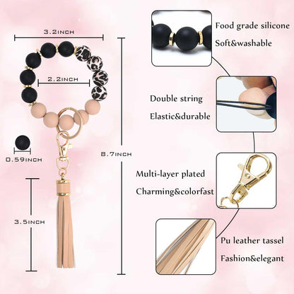 BAOSIWA Silicone Beaded Bracelet Keychain Wristlet Key Ring Bangle Chains for Women with Leather Tassel