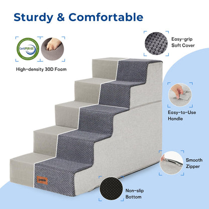Dog Stairs for Small Dogs - Pet Stairs 2 in 1 with Zippers Suitable for Couch and Bed, 35D Foam Dog Steps with Non Slip Bottom Grey 4 Steps, Beige