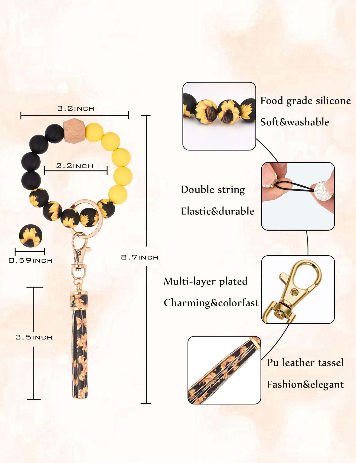 BAOSIWA Silicone Beaded Bracelet Keychain Wristlet Key Ring Bangle Chains for Women with Leather Tassel