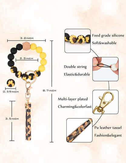 BAOSIWA Silicone Beaded Bracelet Keychain Wristlet Key Ring Bangle Chains for Women with Leather Tassel