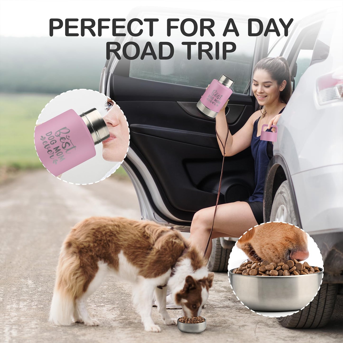 Insulated Dog Travel Water Bottle With Detachable Bowls, Ideal Dog Mom Gifts for Women, Portable Water Bottle Dispenser, For Walking, Hiking, Camping, Outdoor (Pink:Best Dog Mom, 32 Oz)