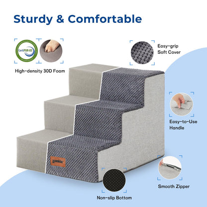 Dog Stairs for Small Dogs - Pet Stairs 2 in 1 with Zippers Suitable for Couch and Bed, 35D Foam Dog Steps with Non Slip Bottom Grey 4 Steps, Beige