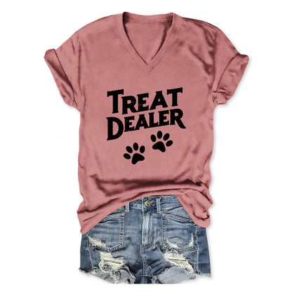 Treat Dealer T Shirt Women, V Neck Short Sleeve Tops Cute Dog Paw Print Graphic Tees Funny Humor Dog Owner Shirts