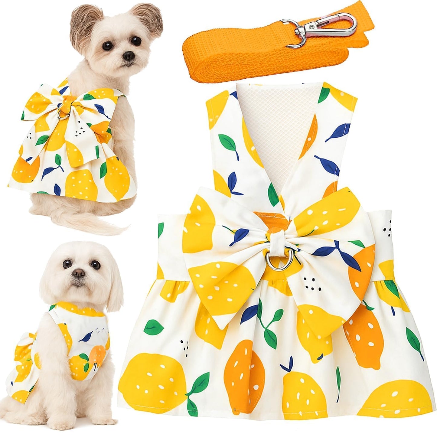 Dog Dress Bowknot Harness Leash Set for Small Girl Dogs Pink Floral Dog Cat Clothes Cute Puppy Outfits Pet Clothes Spring Summer Breathable Dresses(Samll)