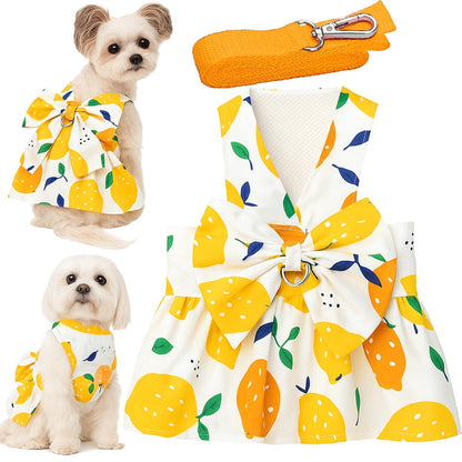 Dog Dress Bowknot Harness Leash Set for Small Girl Dogs Pink Floral Dog Cat Clothes Cute Puppy Outfits Pet Clothes Spring Summer Breathable Dresses(Samll)