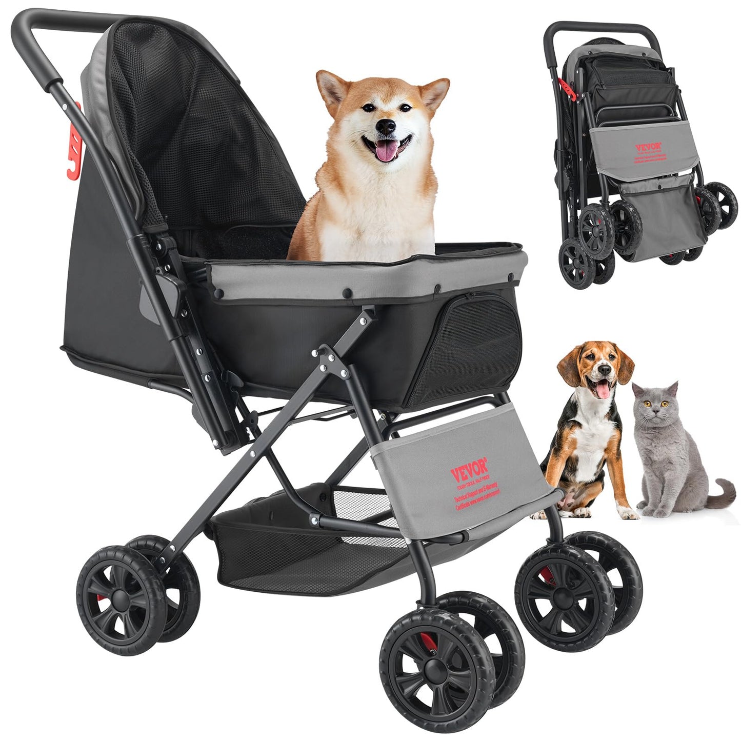 VEVOR Pet Stroller, 35 lbs Weight Capacity, Foldable Dog Stroller Cart, 4 Wheels Cats Strollers with with Detachable Carrier & Mesh Windows, Portable Design with Brake for Small to Medium Pets