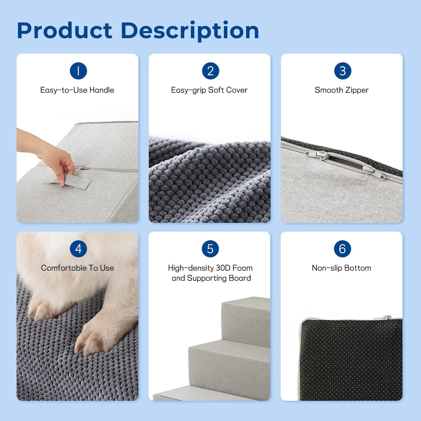 Dog Stairs for Small Dogs - Pet Stairs 2 in 1 with Zippers Suitable for Couch and Bed, 35D Foam Dog Steps with Non Slip Bottom Grey 4 Steps, Beige