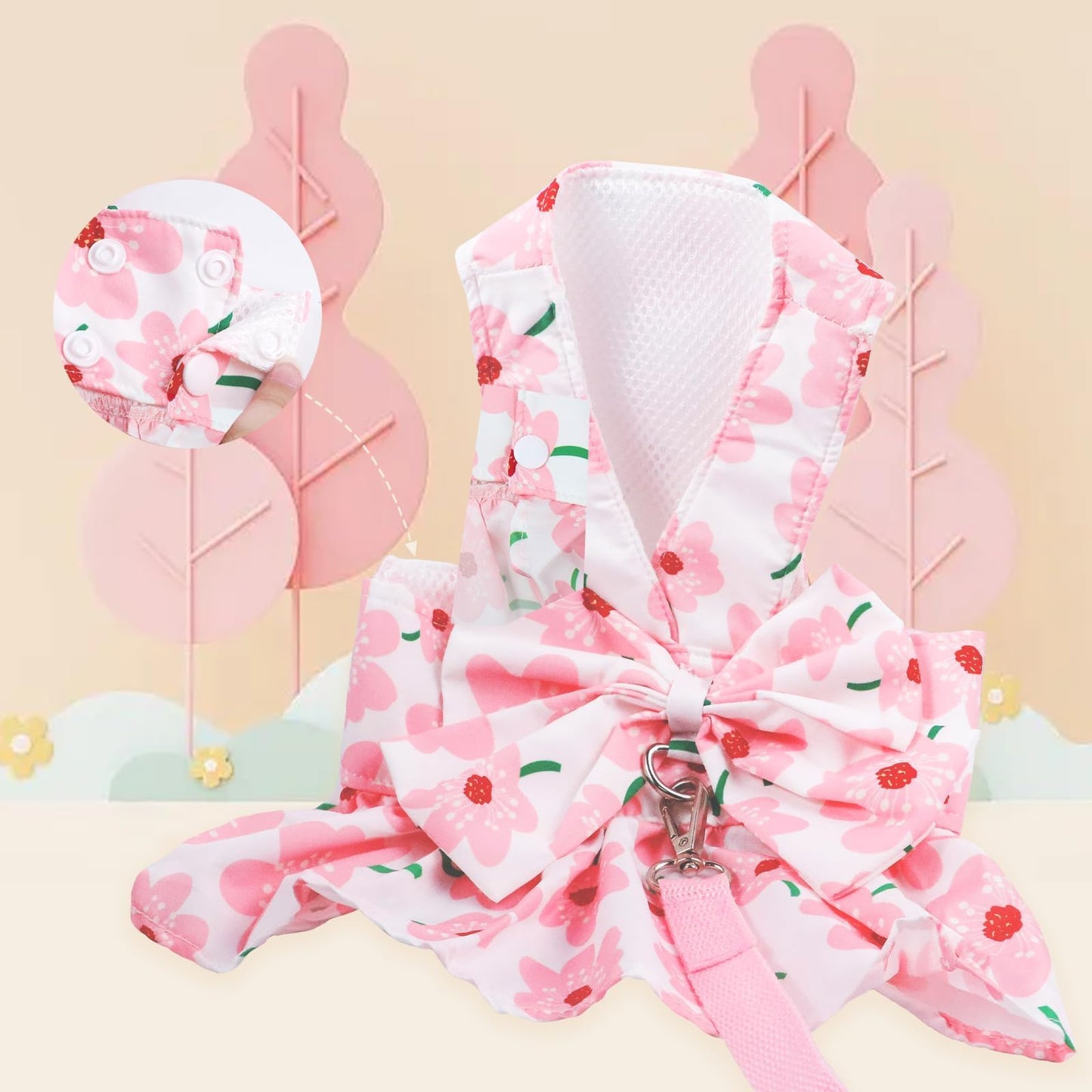 Dog Dress Bowknot Harness Leash Set for Small Girl Dogs Pink Floral Dog Cat Clothes Cute Puppy Outfits Pet Clothes Spring Summer Breathable Dresses(Samll)
