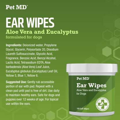 Pet MD Dog Ear Cleaning Wipes – Otic Cleanser for Dogs, Soothing Ear Care with Aloe Vera & Eucalyptus, Regular Wipes, 100 Count