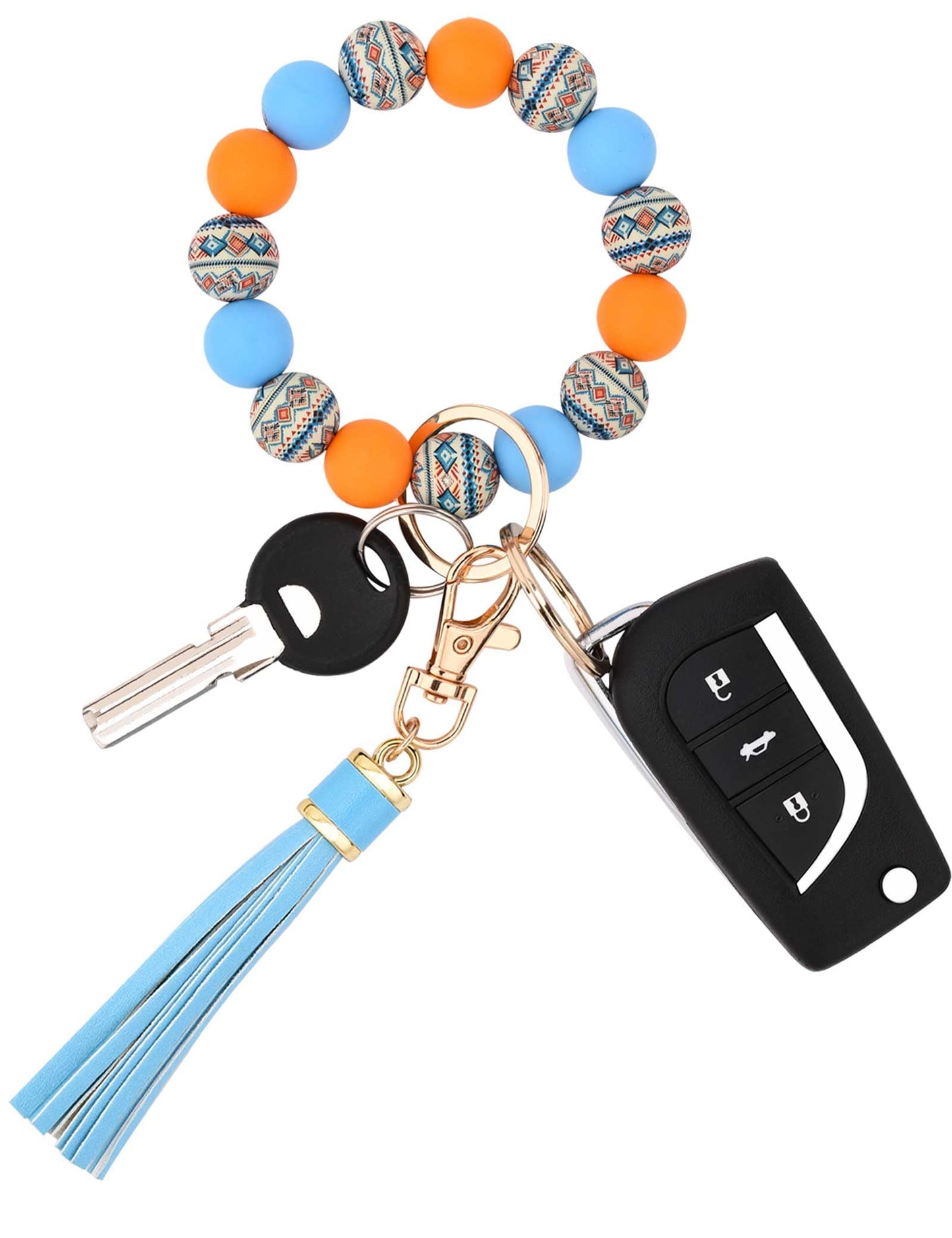 BAOSIWA Silicone Beaded Bracelet Keychain Wristlet Key Ring Bangle Chains for Women with Leather Tassel