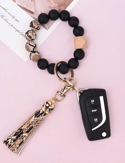 BAOSIWA Silicone Beaded Bracelet Keychain Wristlet Key Ring Bangle Chains for Women with Leather Tassel