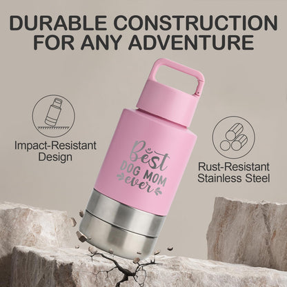 Insulated Dog Travel Water Bottle With Detachable Bowls, Ideal Dog Mom Gifts for Women, Portable Water Bottle Dispenser, For Walking, Hiking, Camping, Outdoor (Pink:Best Dog Mom, 32 Oz)