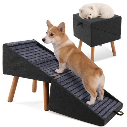 17.13" H Dog Stairs for Small Dogs, 2-in-1 Pet Steps & Ottoman - Foldable Dog Stairs for Couch, Non-Slip Wooden Pet Stairs for Puppy Senior Injured Dogs (Black)