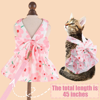 Dog Dress Bowknot Harness Leash Set for Small Girl Dogs Pink Floral Dog Cat Clothes Cute Puppy Outfits Pet Clothes Spring Summer Breathable Dresses(Samll)