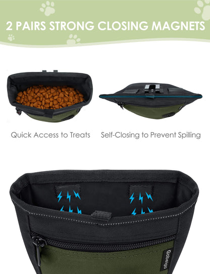 Gobeigo Dog Treat Pouch and Training Clicker, Upgrade Two Magnetic Closure to Prevent Spills, 2 Cup Treat Bag with Poop Bag Dispenser, Metal Clip Waist Belt Fanny Pack for Pet Walk (Black/Blue)