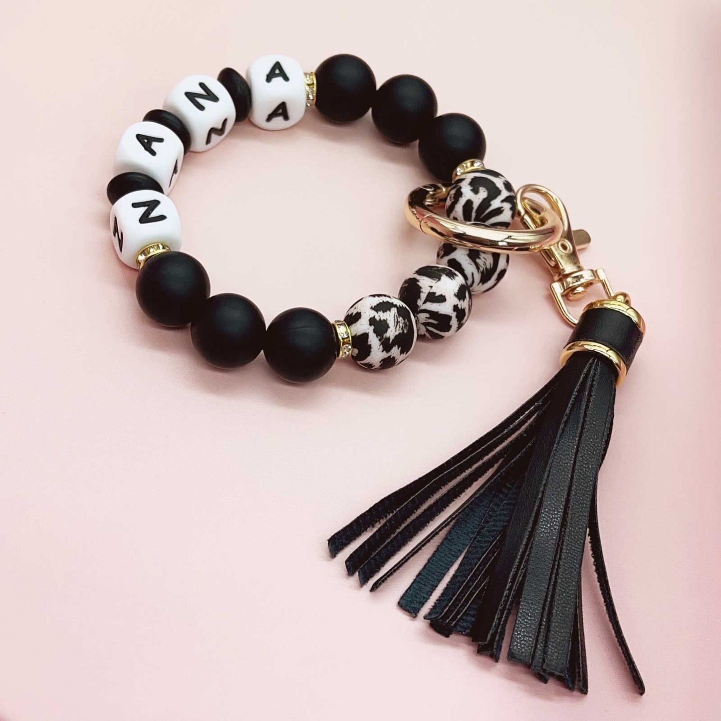 BAOSIWA Silicone Beaded Bracelet Keychain Wristlet Key Ring Bangle Chains for Women with Leather Tassel