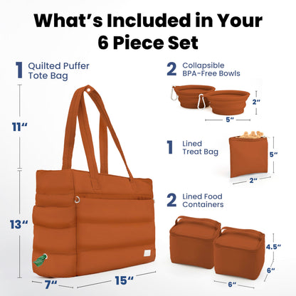 rubyloo Puffer Dog Travel Bag for Dog Moms – Doggy Diaper Bag with Pet Bowls & Food Storage or Everyday Puffy Tote – Doggy Mom Gifts for Women – Lightweight, Travel-Ready Gift for Pet Lovers – Beige