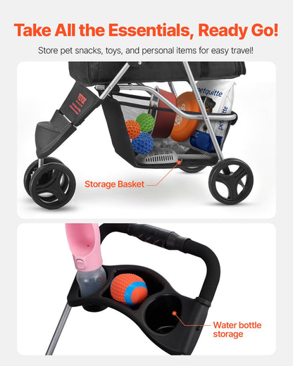 VEVOR Pet Stroller, 35 lbs Weight Capacity, Foldable Dog Stroller Cart, 4 Wheels Cats Strollers with with Detachable Carrier & Mesh Windows, Portable Design with Brake for Small to Medium Pets