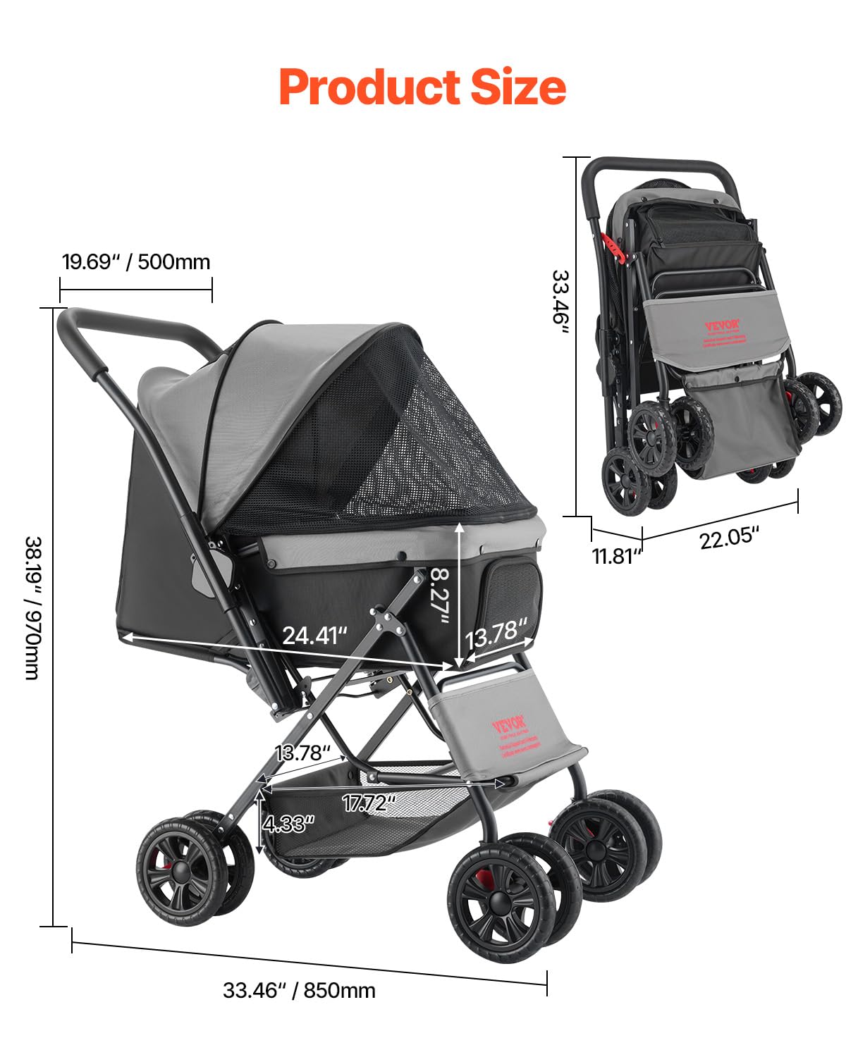 VEVOR Pet Stroller, 35 lbs Weight Capacity, Foldable Dog Stroller Cart, 4 Wheels Cats Strollers with with Detachable Carrier & Mesh Windows, Portable Design with Brake for Small to Medium Pets