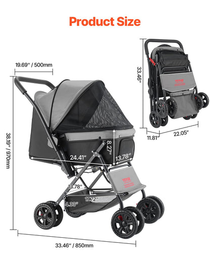 VEVOR Pet Stroller, 35 lbs Weight Capacity, Foldable Dog Stroller Cart, 4 Wheels Cats Strollers with with Detachable Carrier & Mesh Windows, Portable Design with Brake for Small to Medium Pets