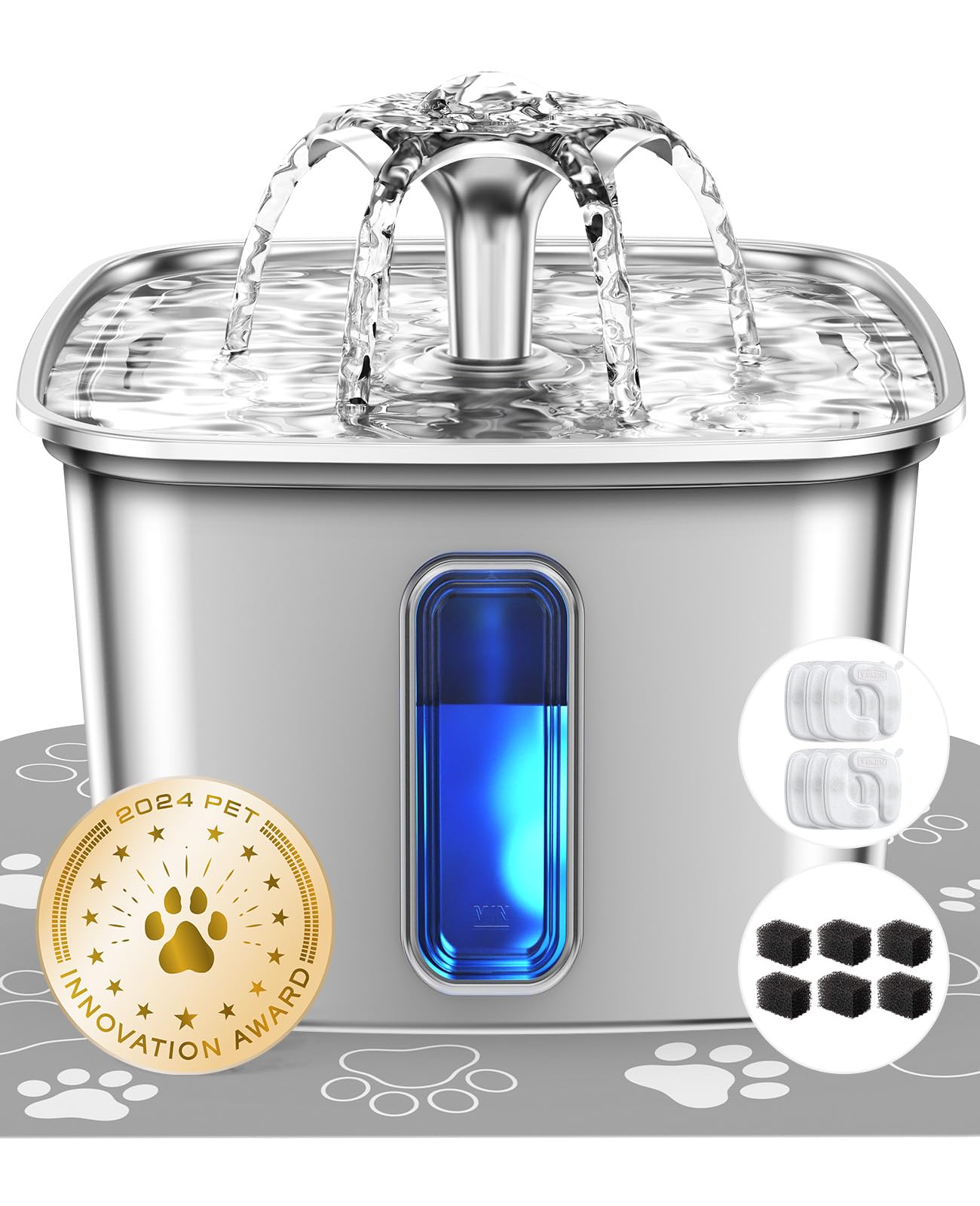 Veken Innovation Award Winner Stainless Steel Cat Water Fountain, 108oz/3.2L Automatic Pet Fountain Dog Water Dispenser with 3 Replacement Filters & Silicone Mat, Gifts for Cats, Dogs (Silver)