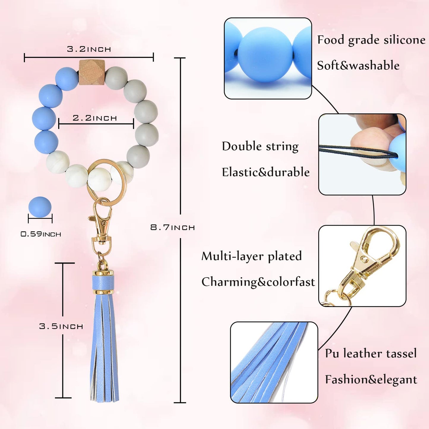 BAOSIWA Silicone Beaded Bracelet Keychain Wristlet Key Ring Bangle Chains for Women with Leather Tassel