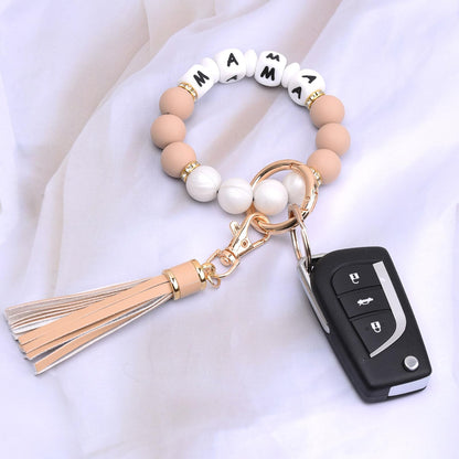 BAOSIWA Silicone Beaded Bracelet Keychain Wristlet Key Ring Bangle Chains for Women with Leather Tassel