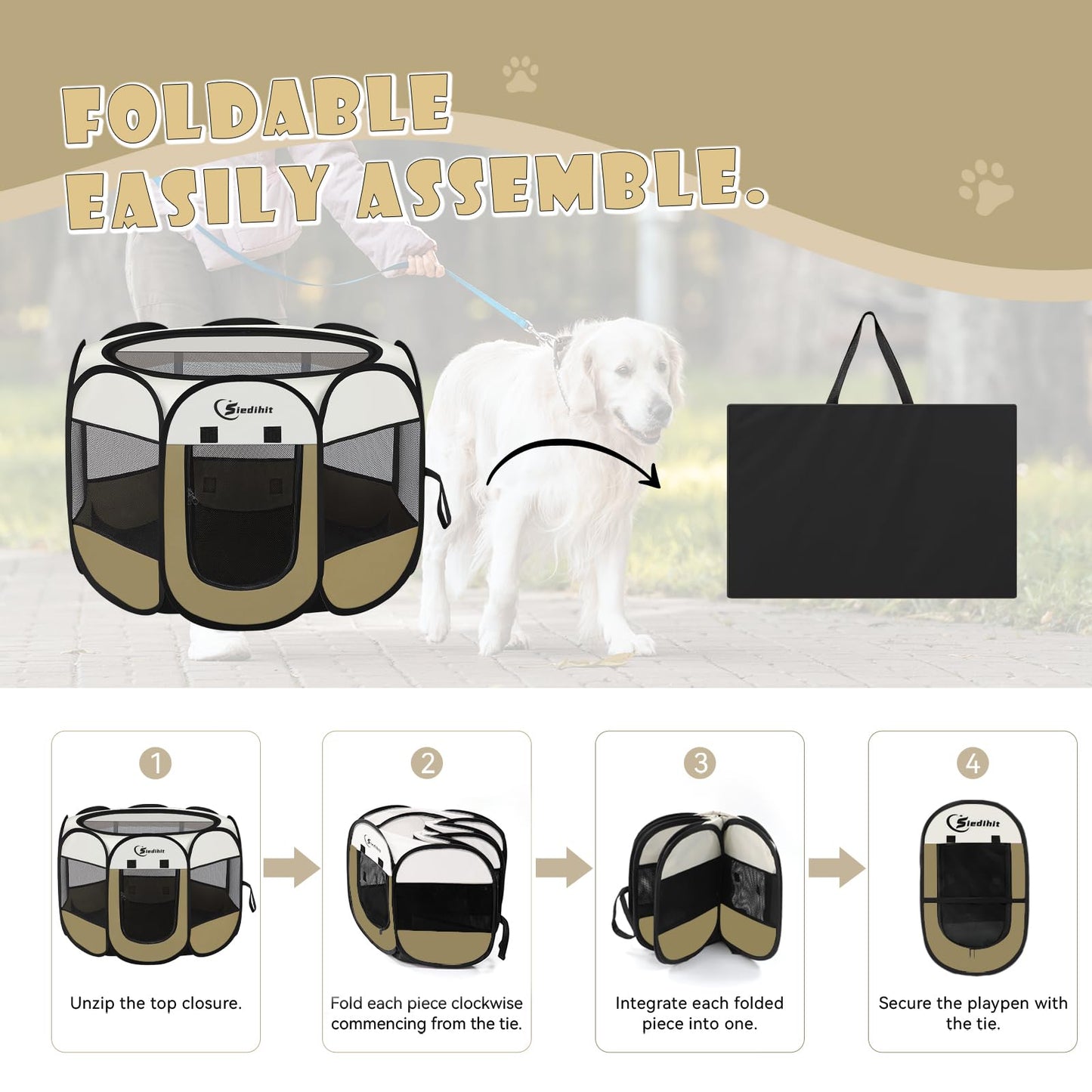 Siedihit Dog Cat Playpen, Puppy Pet Playpen Indoor for Small Dog Crate Tent Cage Outdoor, Portable Pop Up Dogs Enclosure Kennel with Carrying Case for Dogs/Cats/Rabbits(Grey, Small