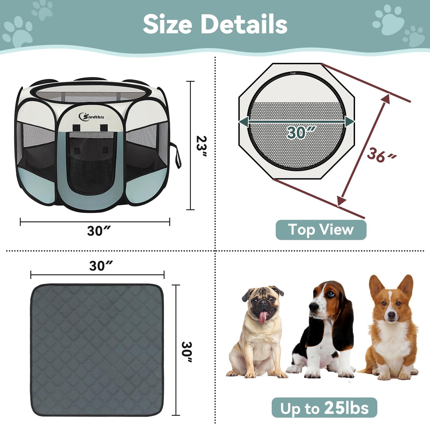 Siedihit Dog Cat Playpen, Puppy Pet Playpen Indoor for Small Dog Crate Tent Cage Outdoor, Portable Pop Up Dogs Enclosure Kennel with Carrying Case for Dogs/Cats/Rabbits(Grey, Small