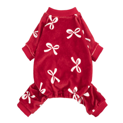 Fitwarm Bowknot Dog Pajamas, Warm Clothes for Small Dogs Girl, Fleece Pet Onesie with Feet, Burgundy Red, White, Small