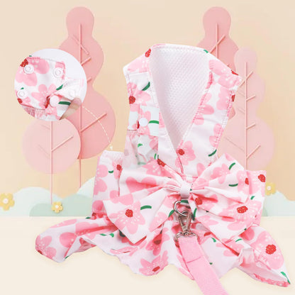Dog Dress Bowknot Harness Leash Set for Small Girl Dogs Pink Floral Dog Cat Clothes Cute Puppy Outfits Pet Clothes Spring Summer Breathable Dresses(Samll)