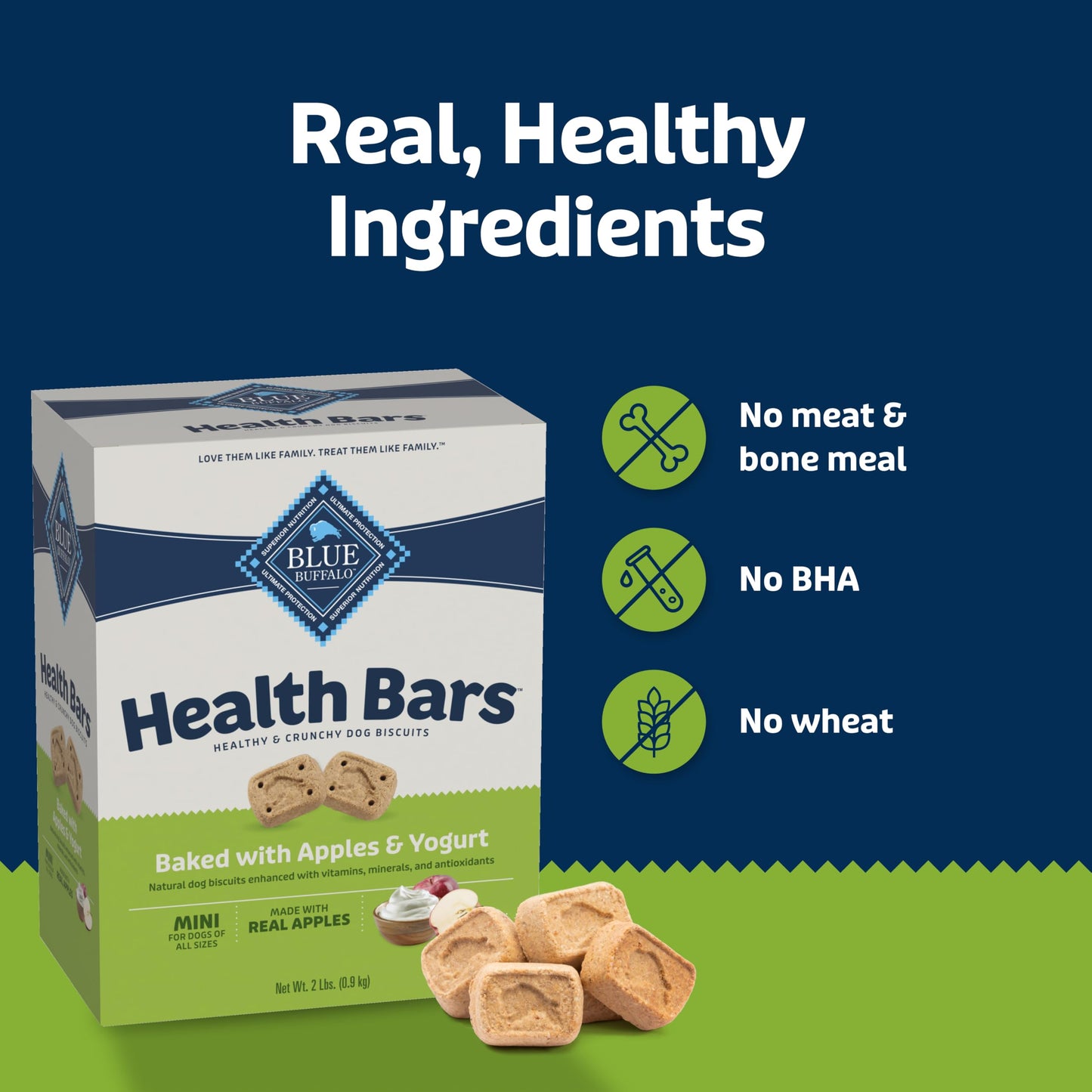 Blue Buffalo Health Bars Mini Crunchy Dog Biscuits, Oven-Baked with Natural Ingredients, Apples & Yogurt, 16-oz Bag