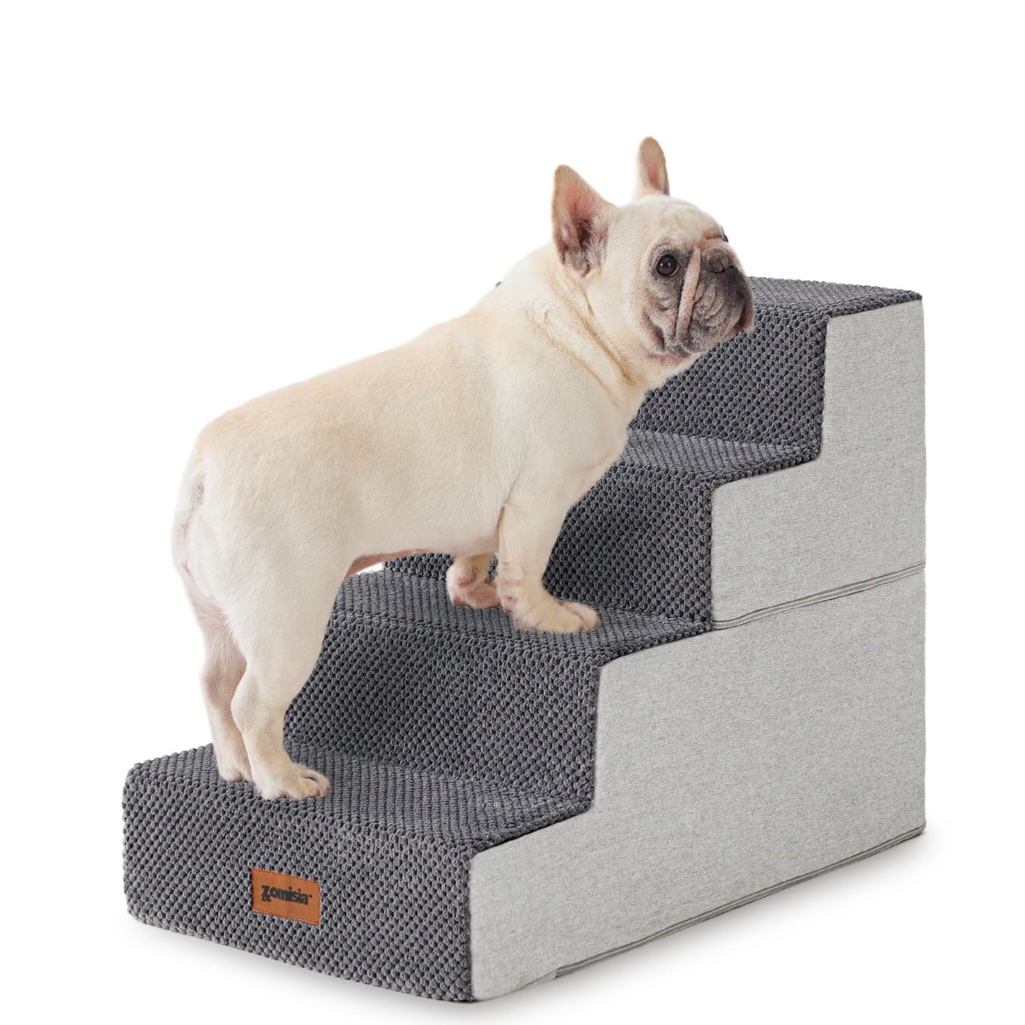 Dog Stairs for Small Dogs - Pet Stairs 2 in 1 with Zippers Suitable for Couch and Bed, 35D Foam Dog Steps with Non Slip Bottom Grey 4 Steps, Beige