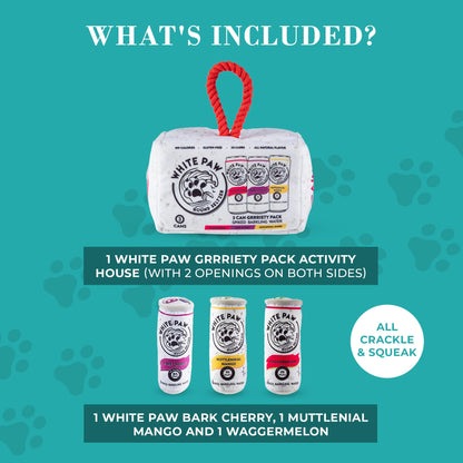 Haute Diggity Dog White Paw Grrriety Pack Activity House, Plush Designer Dog Toys with Interactive Squeaker, Stimulating Pet Enrichment, Machine-Washable & Safe Materials for All Breeds, One Size