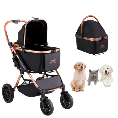 VEVOR Pet Stroller, 35 lbs Weight Capacity, Foldable Dog Stroller Cart, 4 Wheels Cats Strollers with with Detachable Carrier & Mesh Windows, Portable Design with Brake for Small to Medium Pets