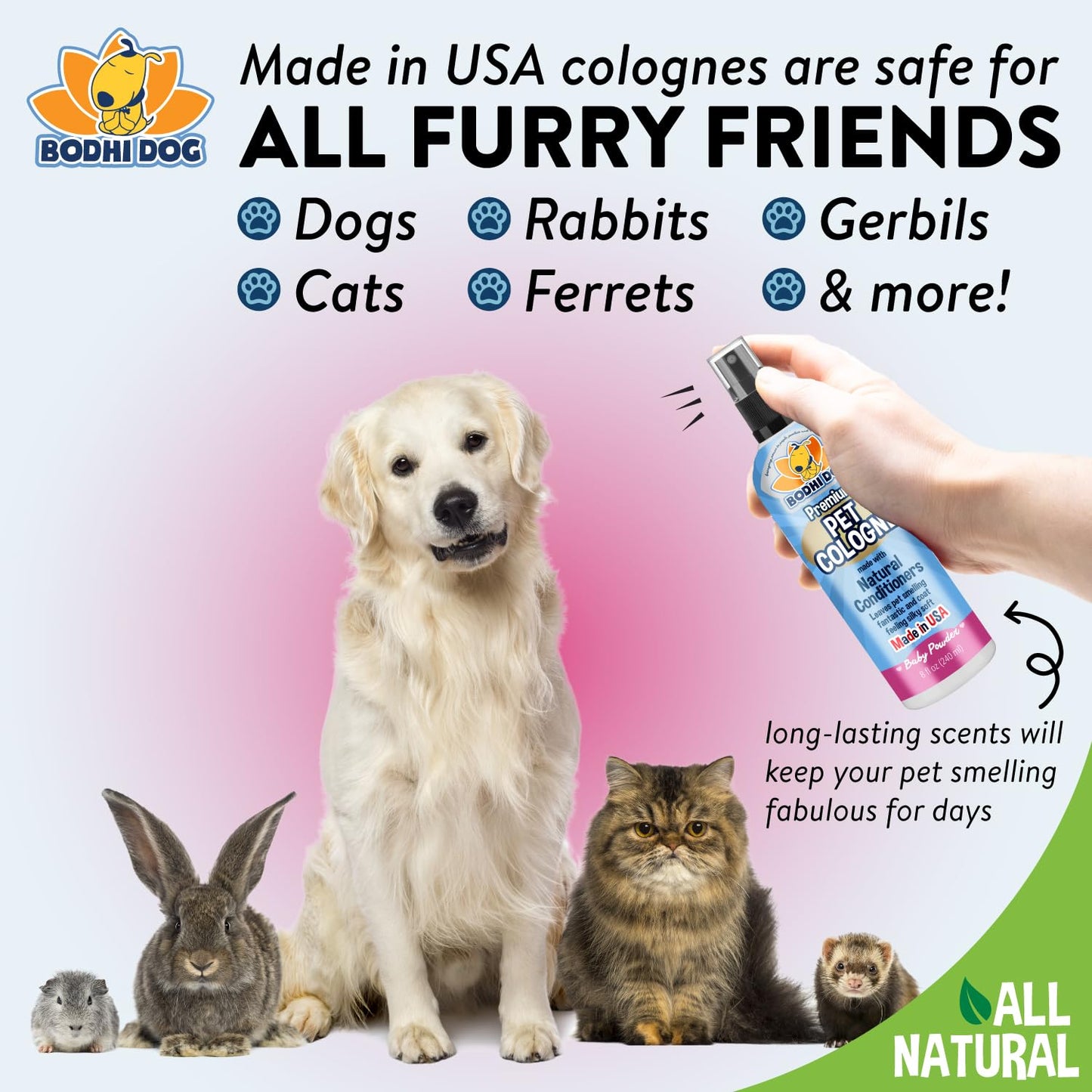 Bodhi Dog Premium Dog Cologne - Deodorizing Dog Perfume & Conditioner for Dogs & Cats - Natural Long Lasting Spray - Keeps Pets Fresh All Day - Gentle & Safe Formula, Made in USA (Baby Powder 4 Fl Oz)