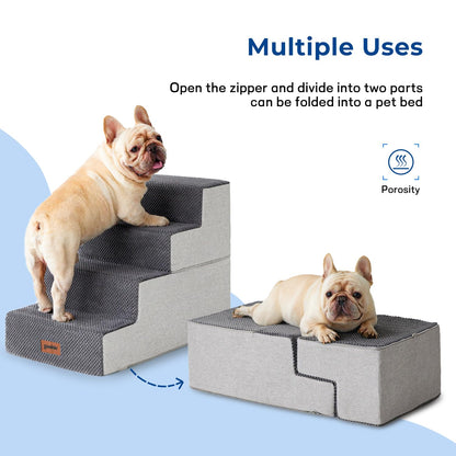 Dog Stairs for Small Dogs - Pet Stairs 2 in 1 with Zippers Suitable for Couch and Bed, 35D Foam Dog Steps with Non Slip Bottom Grey 4 Steps, Beige