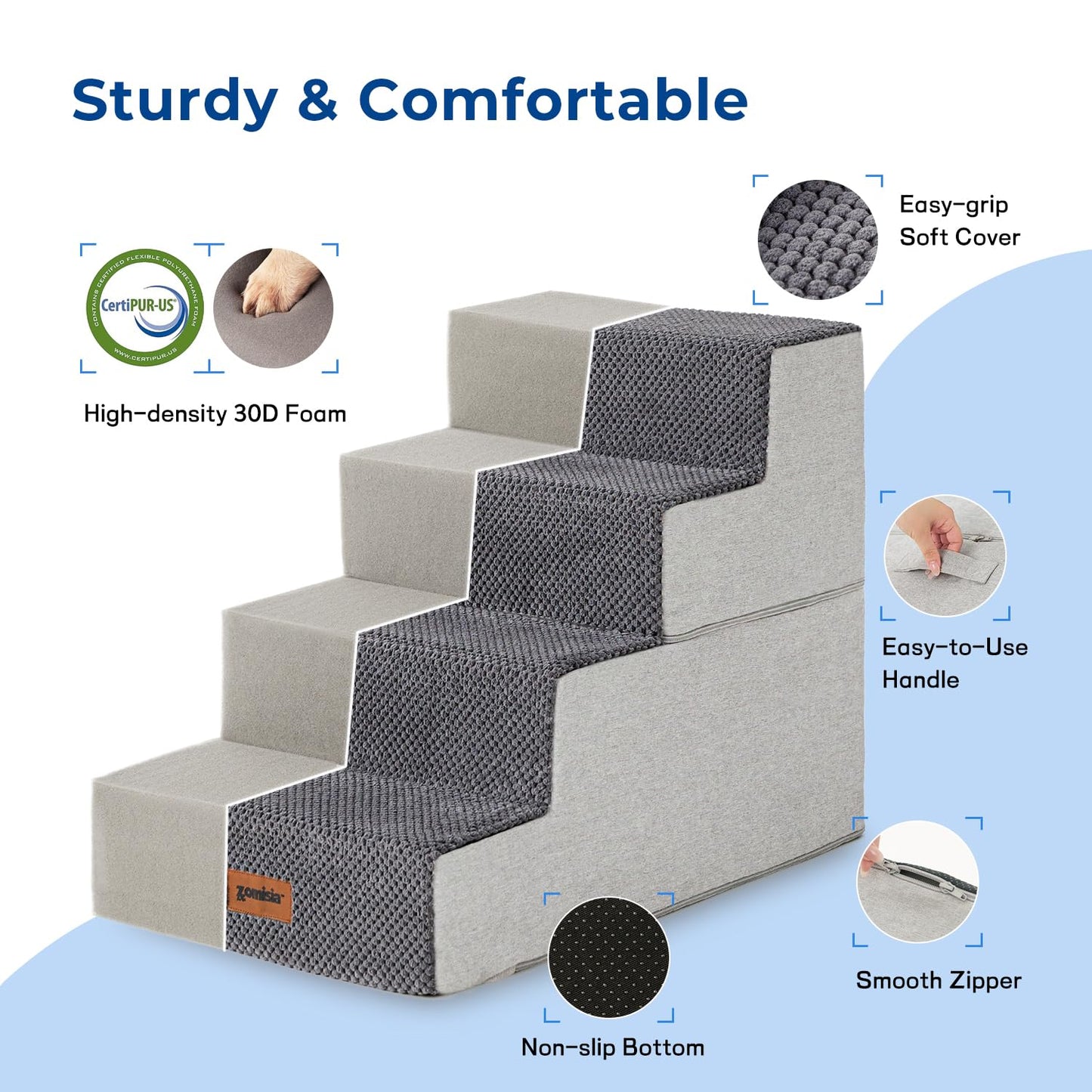 Dog Stairs for Small Dogs - Pet Stairs 2 in 1 with Zippers Suitable for Couch and Bed, 35D Foam Dog Steps with Non Slip Bottom Grey 4 Steps, Beige