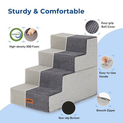 Dog Stairs for Small Dogs - Pet Stairs 2 in 1 with Zippers Suitable for Couch and Bed, 35D Foam Dog Steps with Non Slip Bottom Grey 4 Steps, Beige