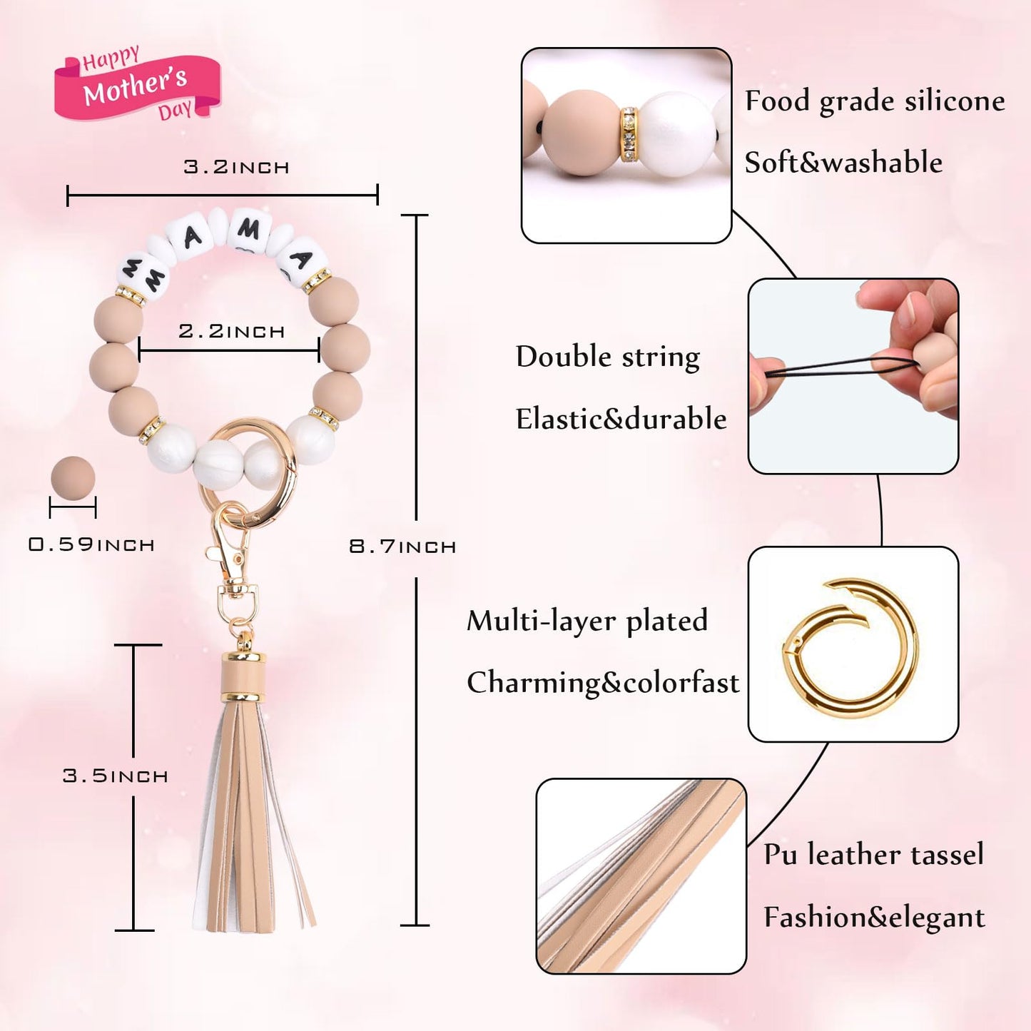 BAOSIWA Silicone Beaded Bracelet Keychain Wristlet Key Ring Bangle Chains for Women with Leather Tassel